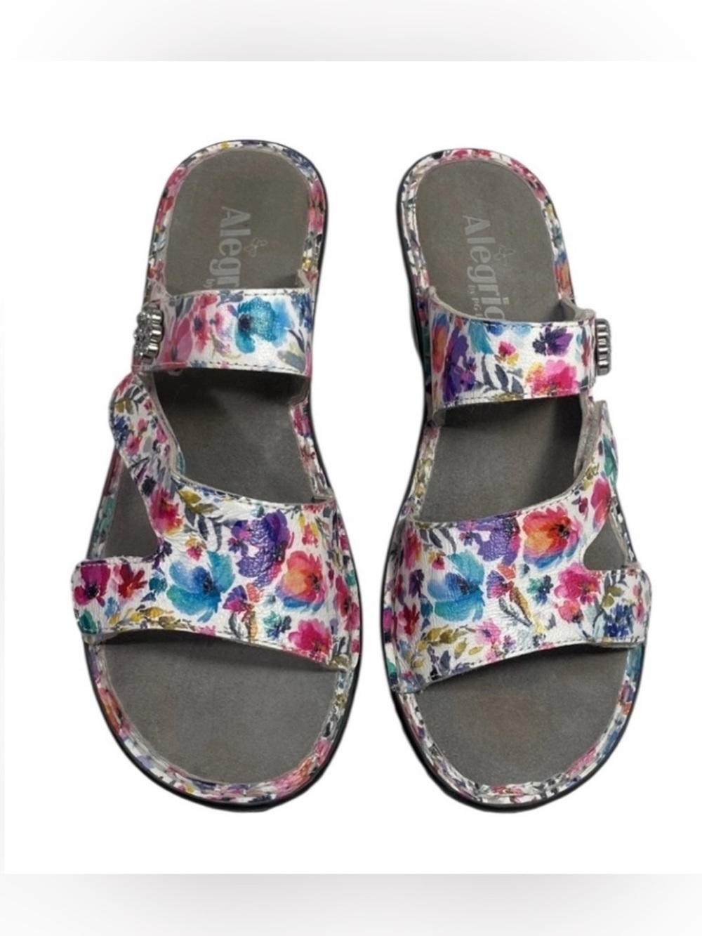 Alegria by PG Lite Loti Floral Bloom Leather Wedge Sandals Size 9.5 US 40 EU